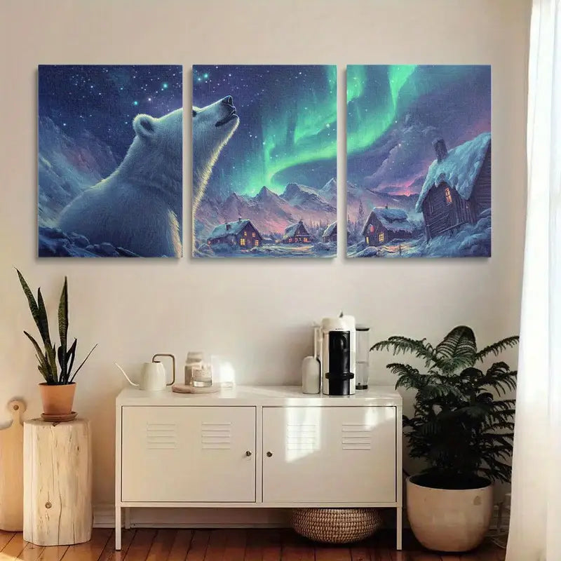 3pcs Northern Lights & Snowy Landscape Design Metal Print Ready to Hang Art