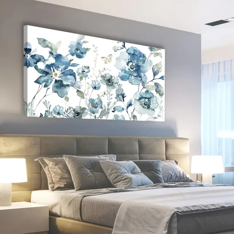 Blue Floral Butterfly Blue and Green Design Wall Art canvas office home room framed 80x45cm