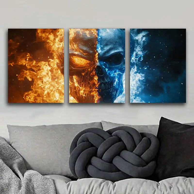 3pcs Featuring a Fiery Skull And an Icy Skeleton Head Metal Print Ready to Hang Art
