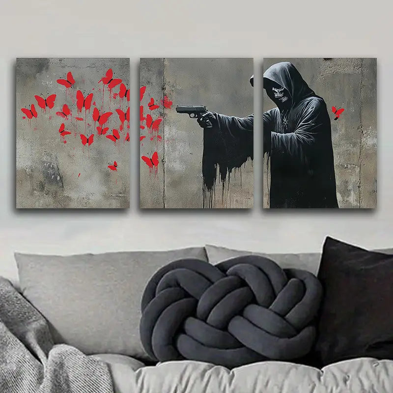 3pcs Death Shooting Red Butterflies Metal Print Ready to Hang Art
