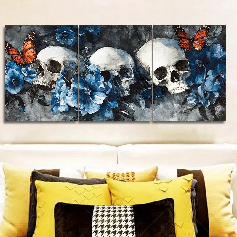 3pcs Skulls and Blue Flowers with Butterflies Metal Print Ready to Hang Art