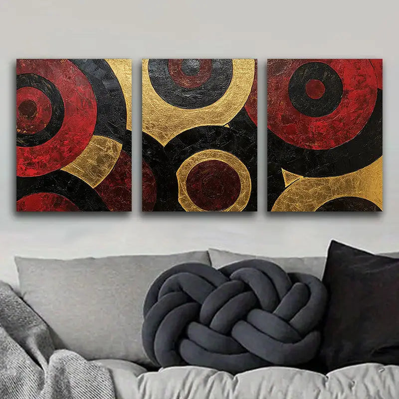 3pcs Red Concentric Circles Design Metal Print Ready to Hang Art