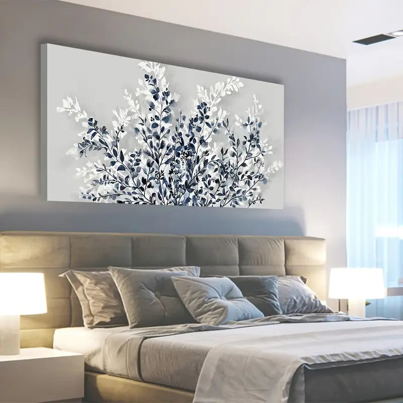Modern Botanical Floral Indigo Blue White Spring Blooming Wall Art canvas office home room framed 120x60cm