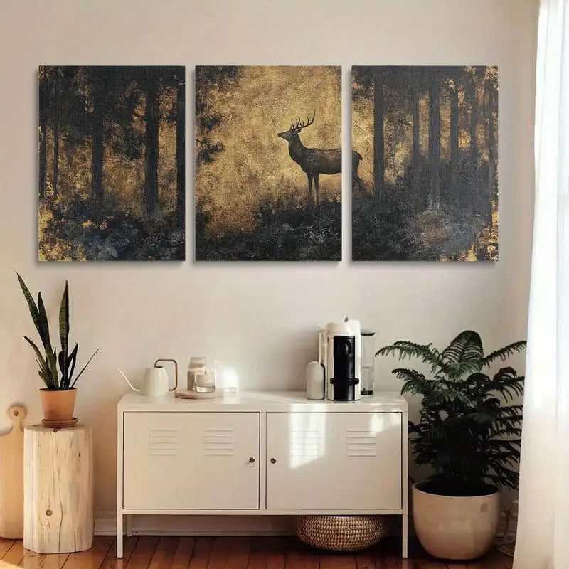 3pcs Nature Scene with Antlered Deer and Misty Ambiance Metal Print Ready to Hang Art