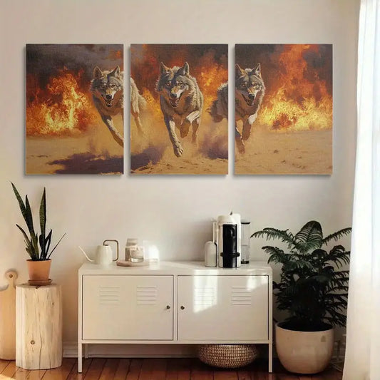 3pcs Dynamic Wolves Running in Flames Motif Metal Print Ready to Hang Art