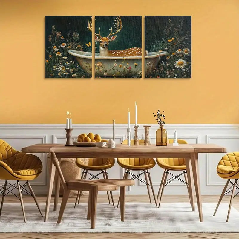 3pcs Deer in Bathtub Whimsical Floral & Antler Design Metal Print Ready to Hang Art