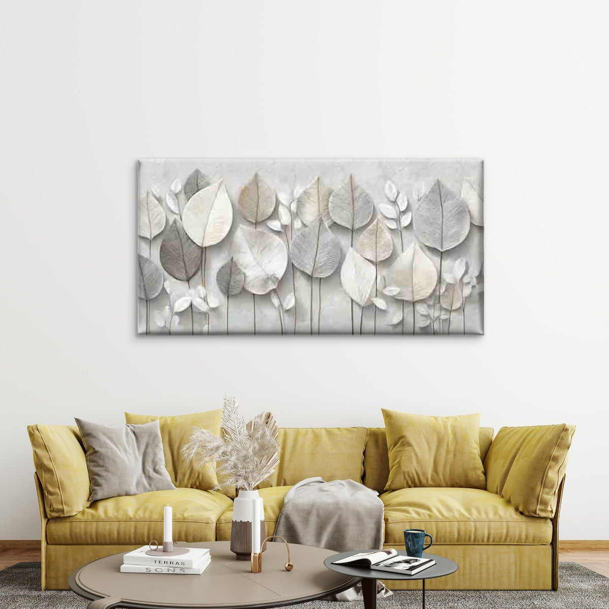 Abstract White Leaves Backgroun Wall Art Canvas Office Home Room Framed 120x60cm