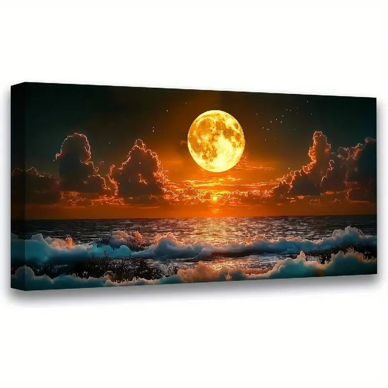 odern Red Oil Painting Seascape Full Moon & Waves Wall Art canvas office home room framed 80x45cm
