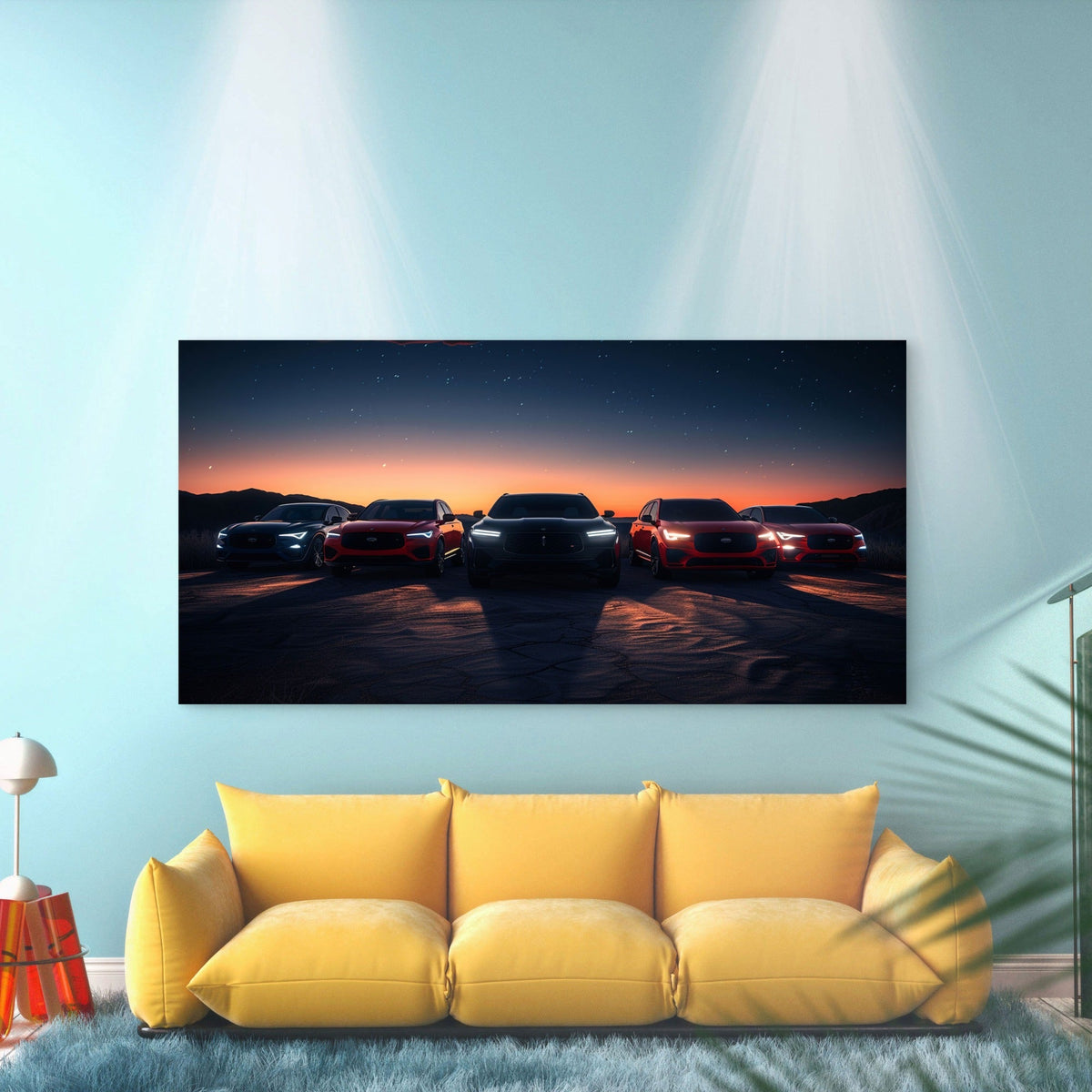 Five performance cars at sunset Wall Art Canvas Office Home Room Framed 80x45cm
