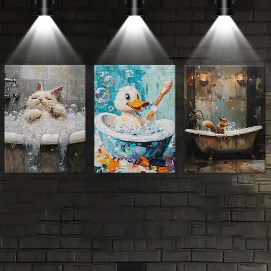 3pcs Naughty Cat, Duck & Squirrel Abstract Design Metal Print Ready to Hang Art