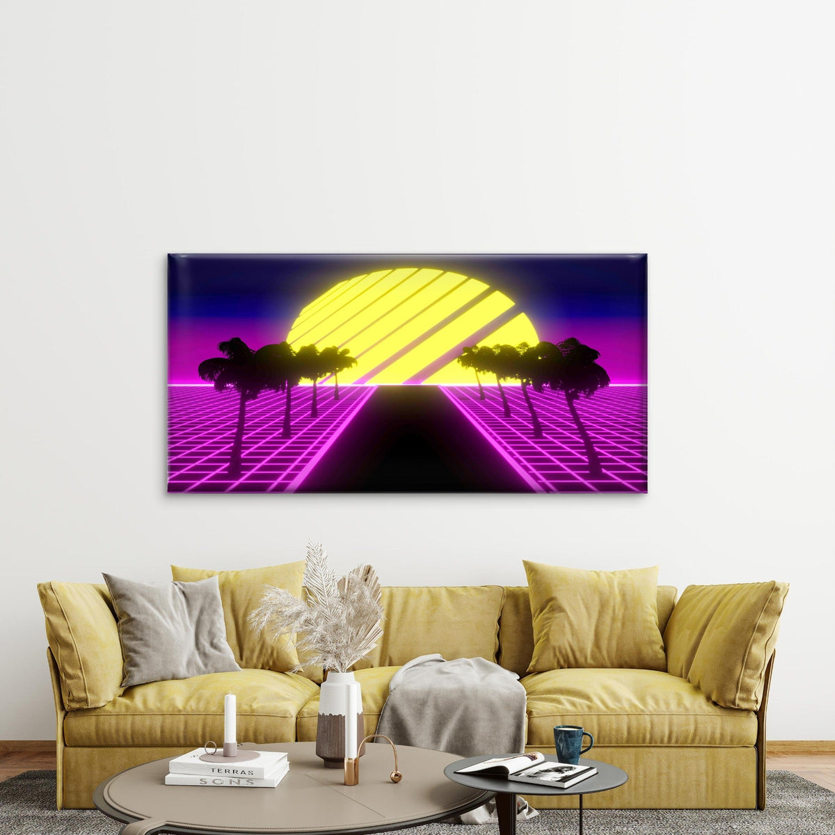 Neon Retro Futuristic Sunset Wall Art Canvas Office Home Room Framed 80x45cm