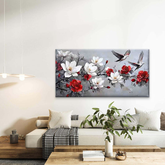 White Floral with Flying Birds Wall Art Canvas Office Home Room Framed 80x45cm