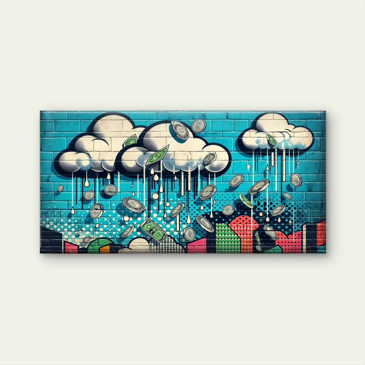 Modern Graffiti Brick Dollar Wall Art Canvas Office Home Room Framed 80x45cm