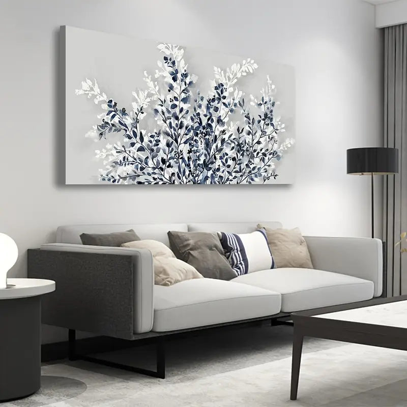 Modern Botanical Floral Indigo Blue White Spring Blooming Wall Art canvas office home room framed 120x60cm