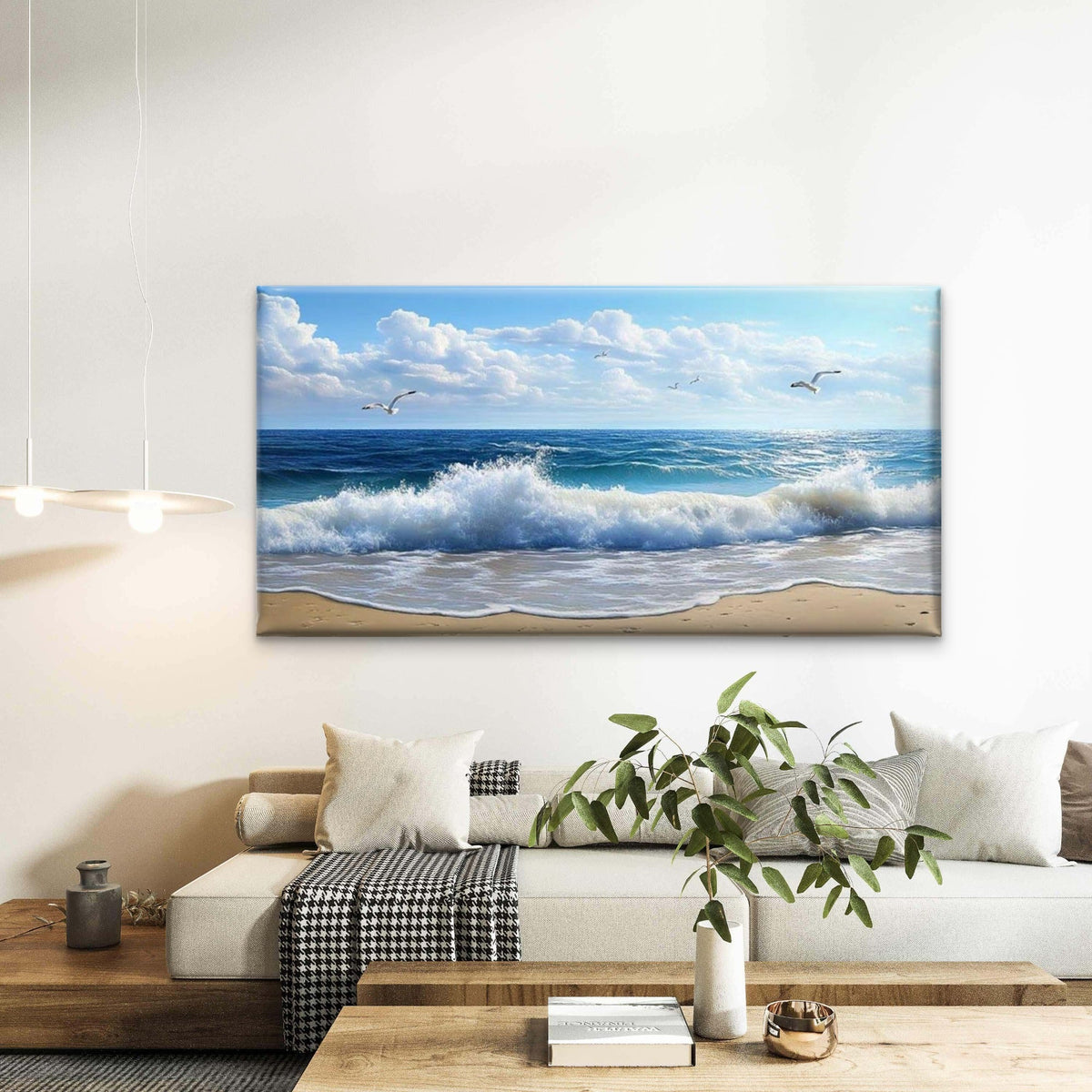 Waves and Seagulls Beach Wall Art Canvas Office Home Room Framed 120x60cm