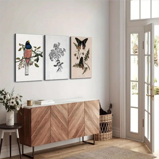 3pcs Bird, Nature Vintage Style Plants Animal, Butterflies Dancing Metal Print Ready to Hang Art