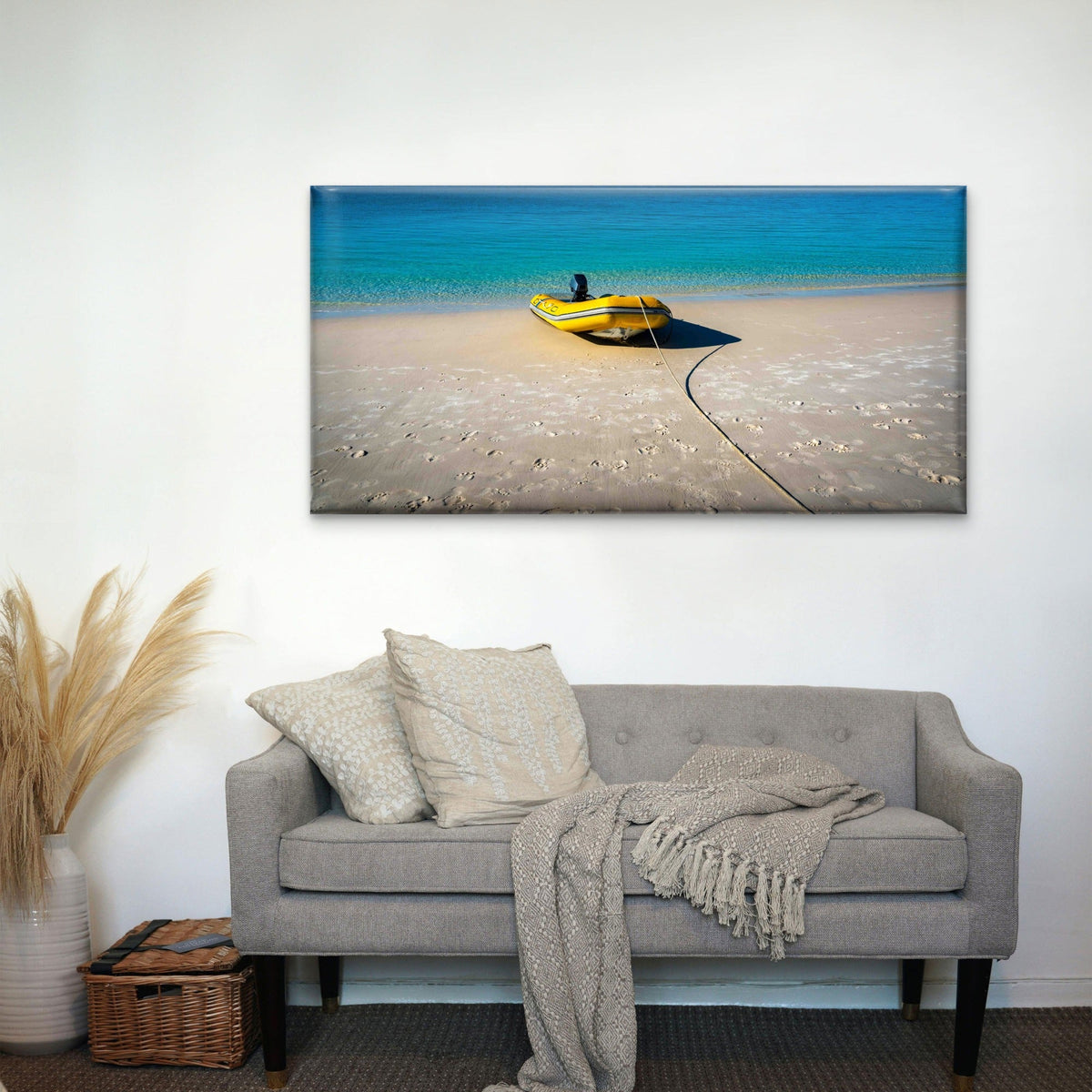 Inflatable Boat on Shoreline Wall Art Canvas Office Home Room Framed 120x60cm