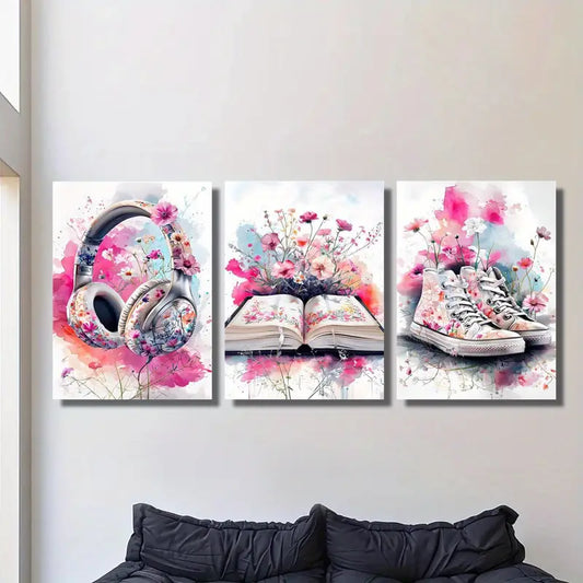 3pcs Pink Preppy Headphones, Book & Shoe Design Metal Print Ready to Hang Art