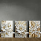 3pcs Classic White Flower Golden Leaf Design Metal Print Ready to Hang Art