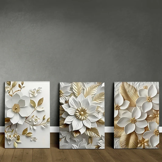 3pcs Classic White Flower Golden Leaf Design Metal Print Ready to Hang Art