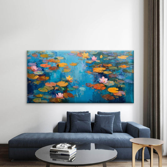 Water Lily Floral Painting Wall Art Canvas Office Home Room Framed 80x45cm