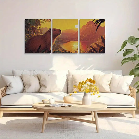 3pcs Cute Capybara Sunrise Over Ancient Lake Metal Print Ready to Hang Art
