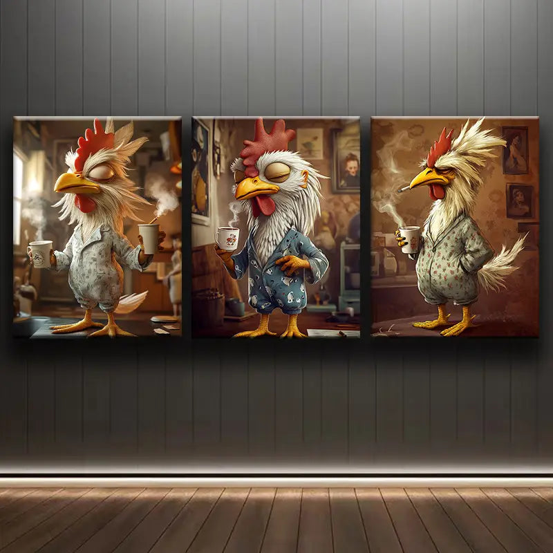 3pcs Tired Chicken with Cup of Coffee Classic Design Metal Print Ready to Hang Art