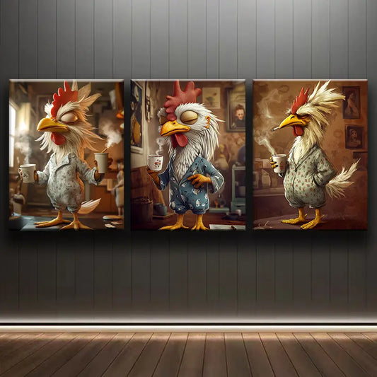 3pcs Tired Chicken with Cup of Coffee Classic Design Metal Print Ready to Hang Art