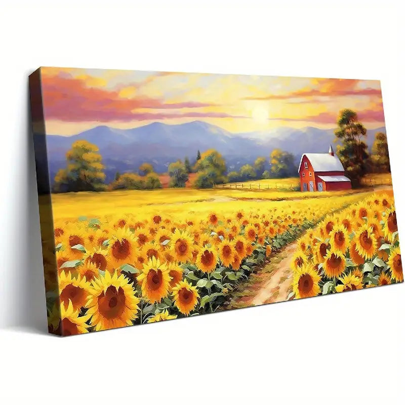 Sunflower Farmhouse Nature Mountain Sun Wall Art canvas office home room framed 120x60cm