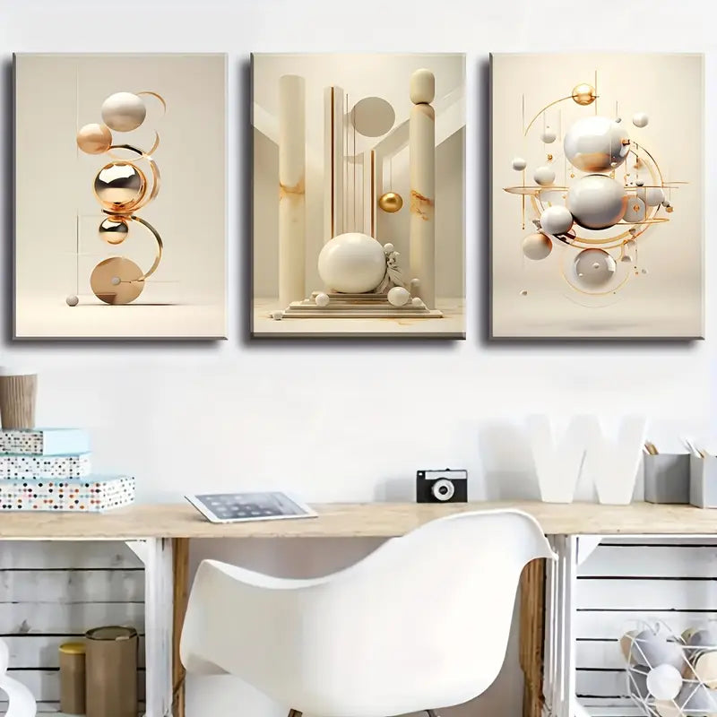 3pcs Modern Geometric Sphere Golden & Beige Tones Metal Print Ready to Hang Art