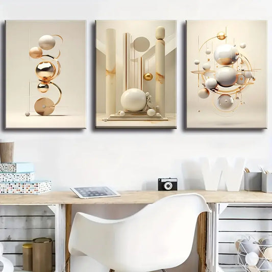 3pcs Modern Geometric Sphere Golden & Beige Tones Metal Print Ready to Hang Art