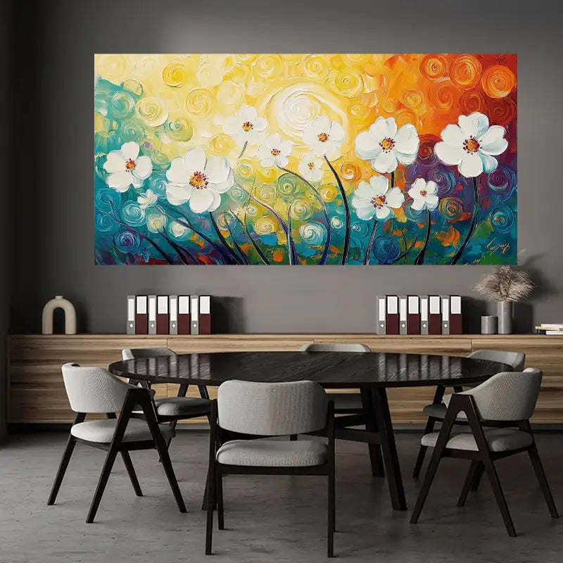 Modern Vibrant White Flowers Wall Art wall canvas office home room framed 120x60cm