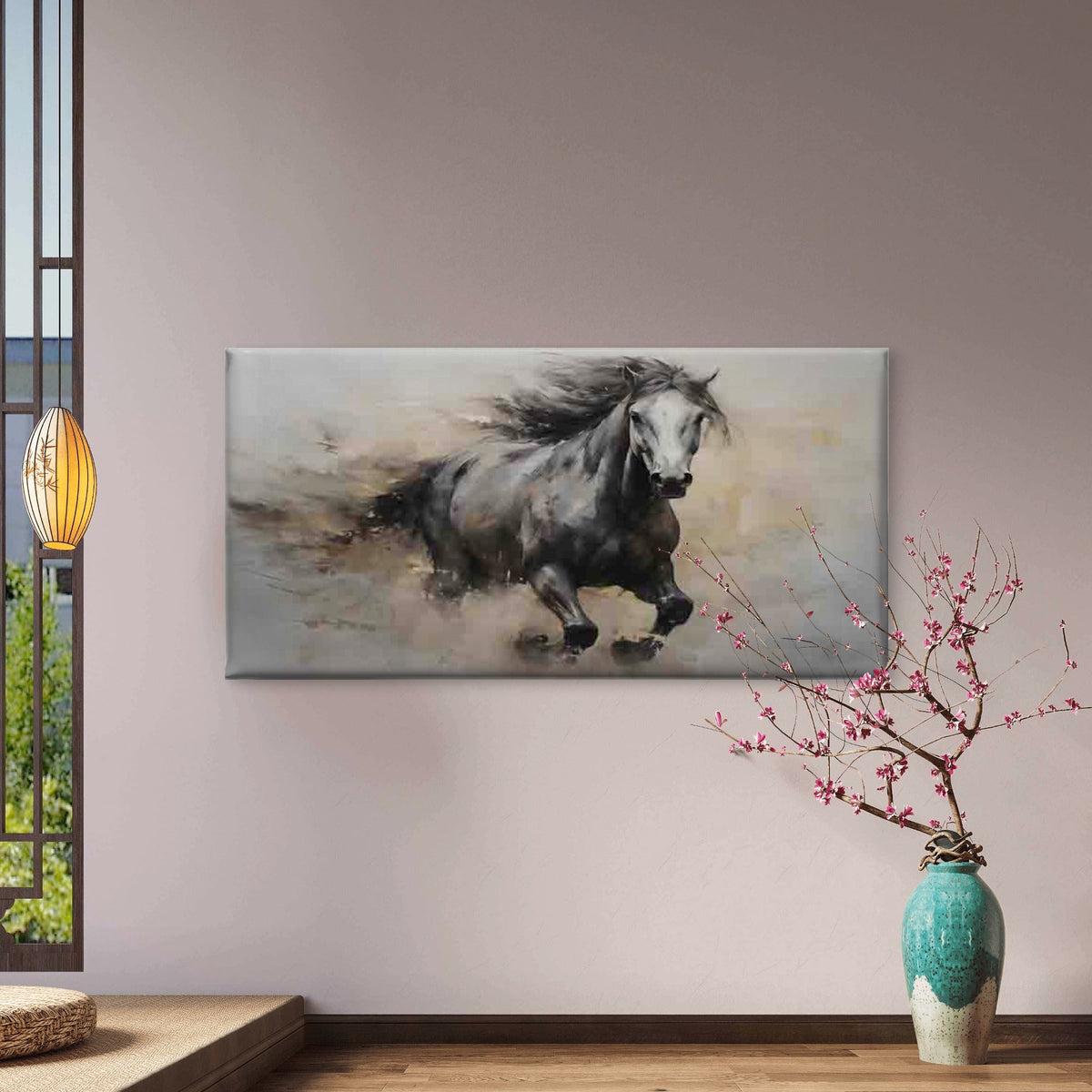 Running Black Horse Wall Art Canvas Office Home Room Framed 120x60cm