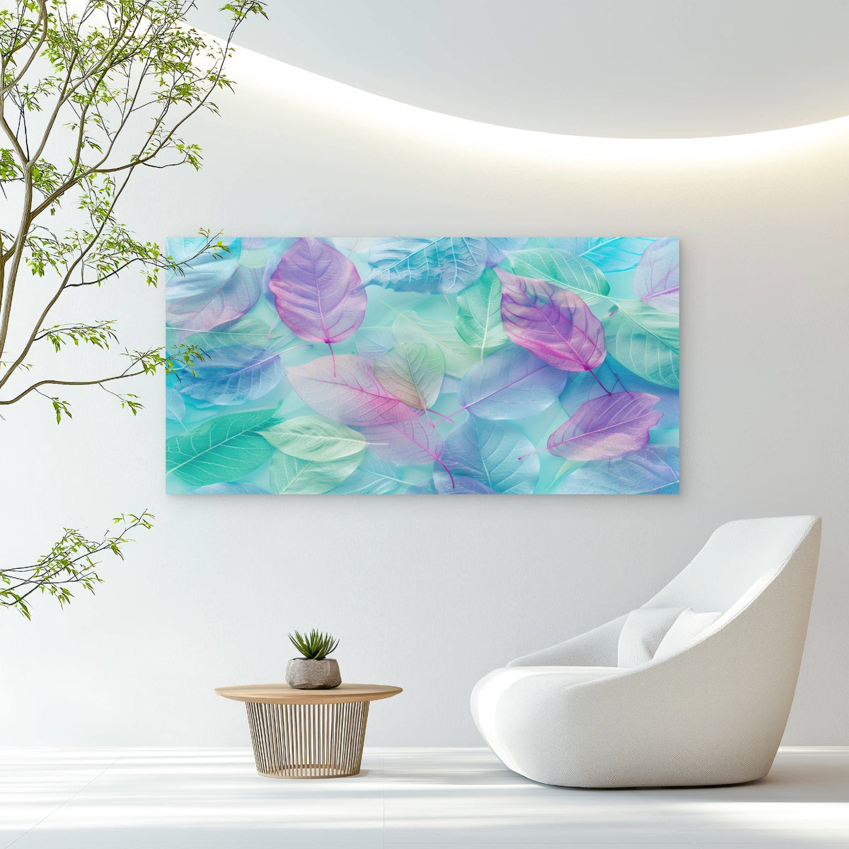 Violet Mist Pastel Leaves Wall Art Canvas Office Home Room Framed 120x60cm