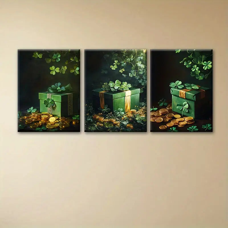 3pcs Lucky Four-Leaf Clover Gift Box Green Metal Print Ready to Hang Art