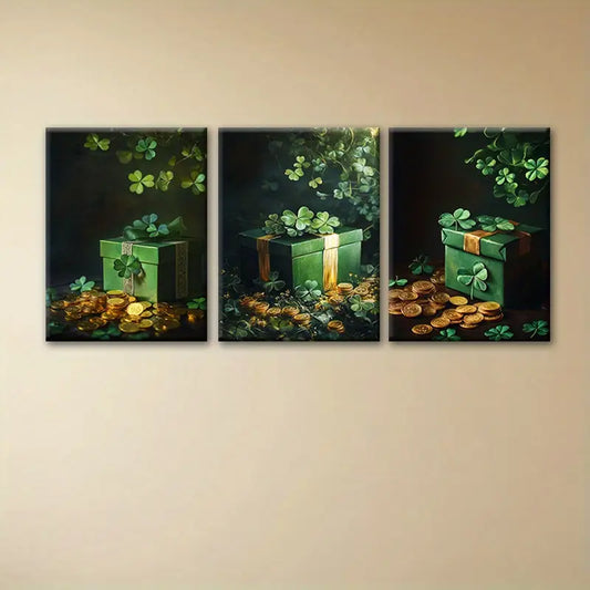 3pcs Lucky Four-Leaf Clover Gift Box Green Metal Print Ready to Hang Art