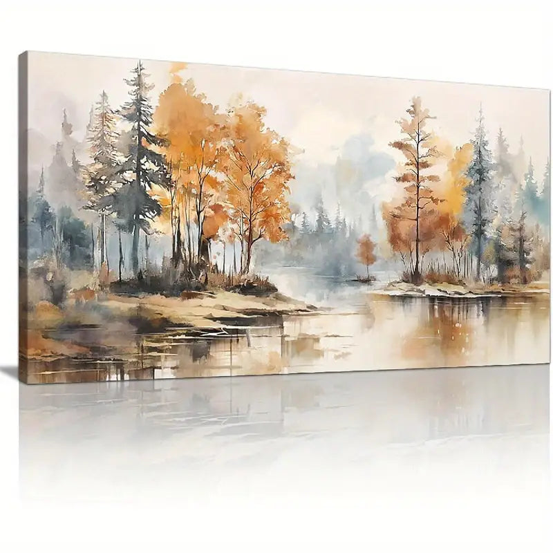Autumn Lakeside Forest Wall Orange & Yellow Fall Foliage Art canvas office home room framed 120x60cm