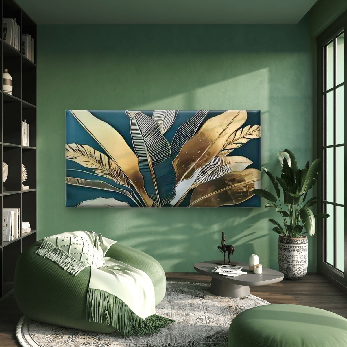 Golden Tropical Monstera & Palm Wall Art Canvas Office Home Room Framed 80x45cm