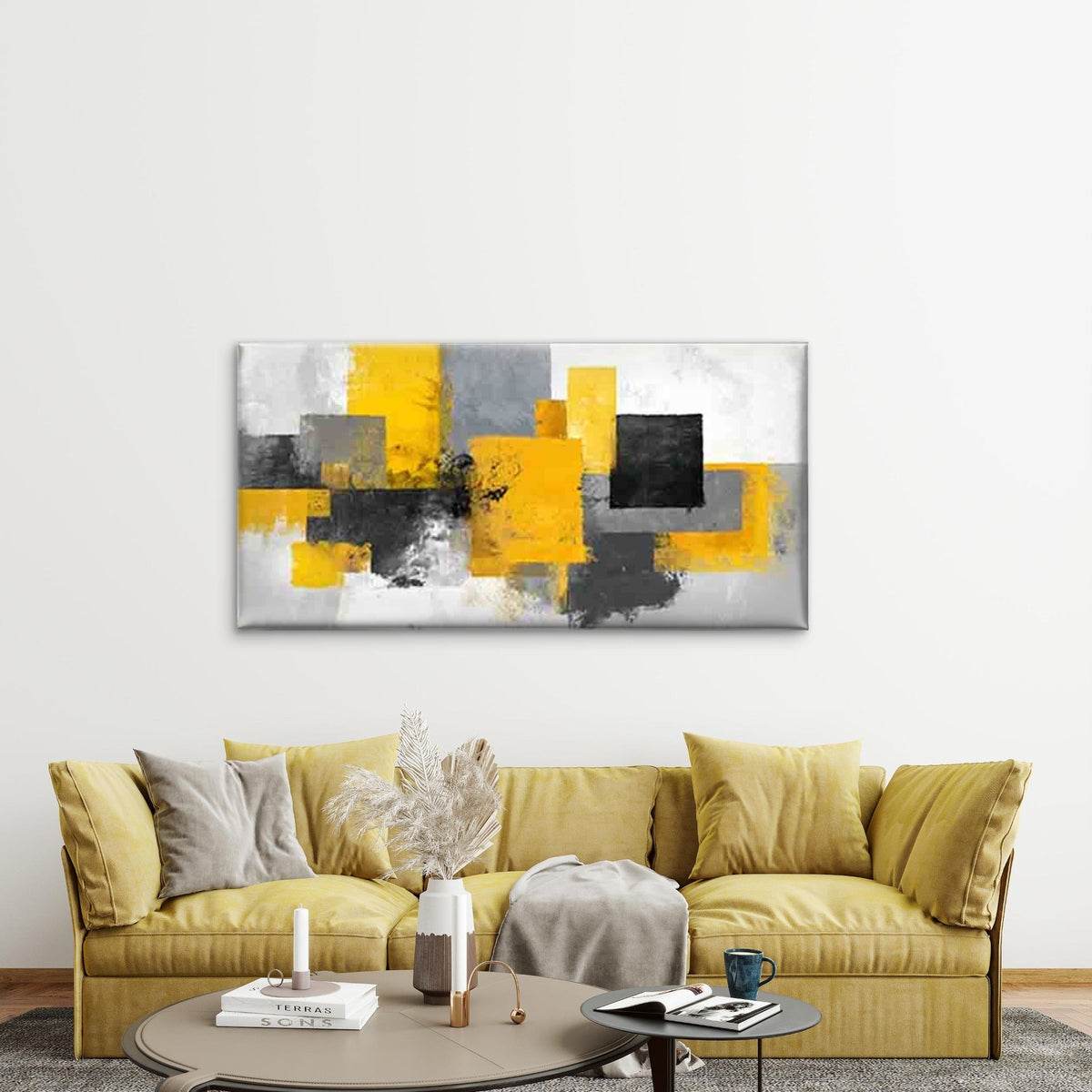 Urban Geometry Art in Yellow Wall Art Canvas Office Home Room Framed 80x45cm