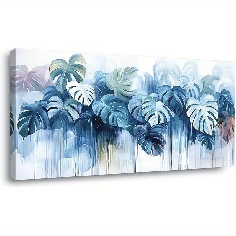 Blue Monstera Leaf Abstract Nature Vibrant Botanical Wall Art canvas office home room framed 120x60cm
