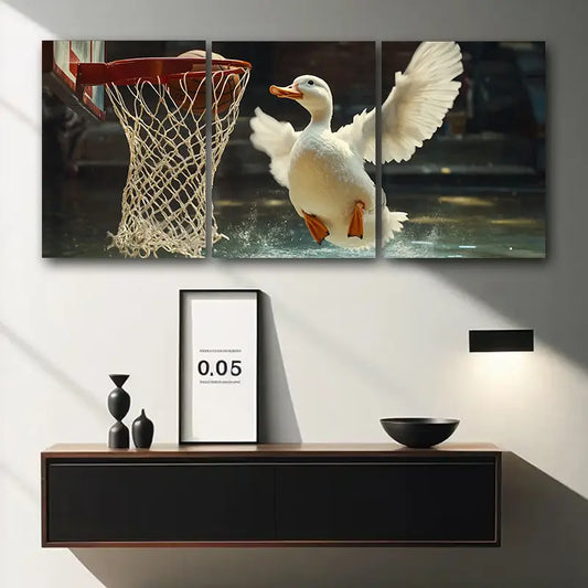 3pcs Featuring Ducks Engaged in a Game of Basketball Metal Print Ready to Hang Art