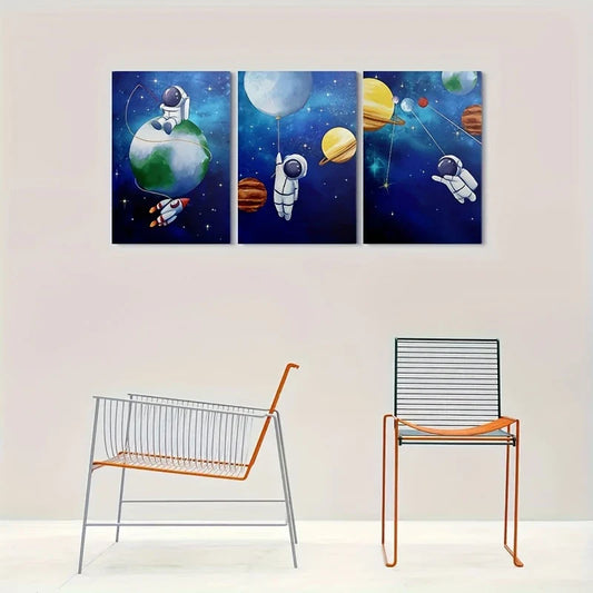 3pcs Space Adventure Astronaut & Planets Painting Metal Print Ready to Hang Art