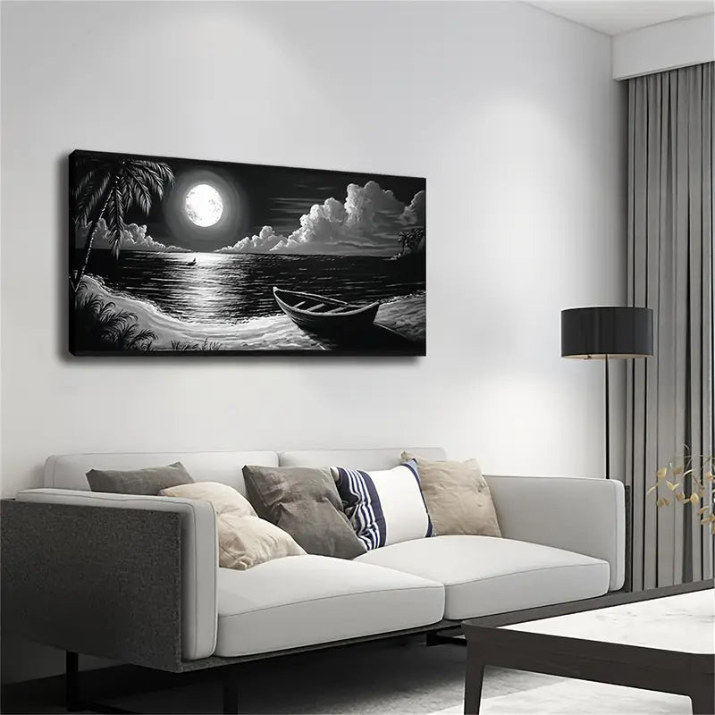 White Night Beach Landscape Wall Art Canvas Office Home Room Framed 120x60cm