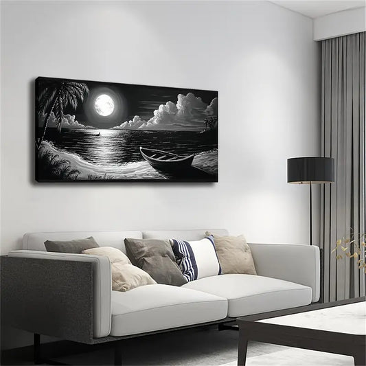 White Night Beach Landscape Wall Art Canvas Office Home Room Framed 80x45cm