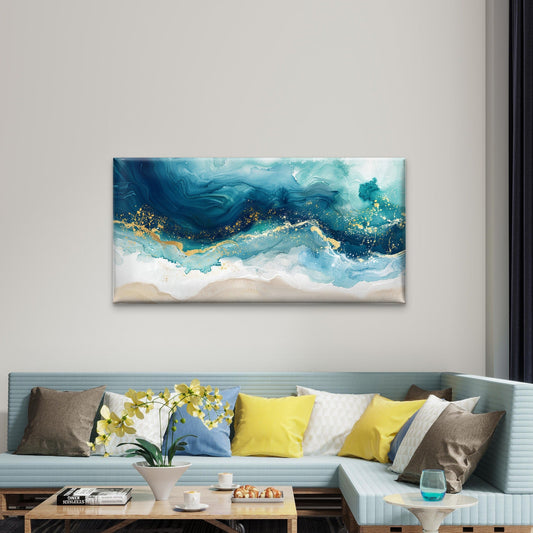 Abstract Teal Ocean Wave Wall Art Canvas Office Home Room Framed 80x45cm