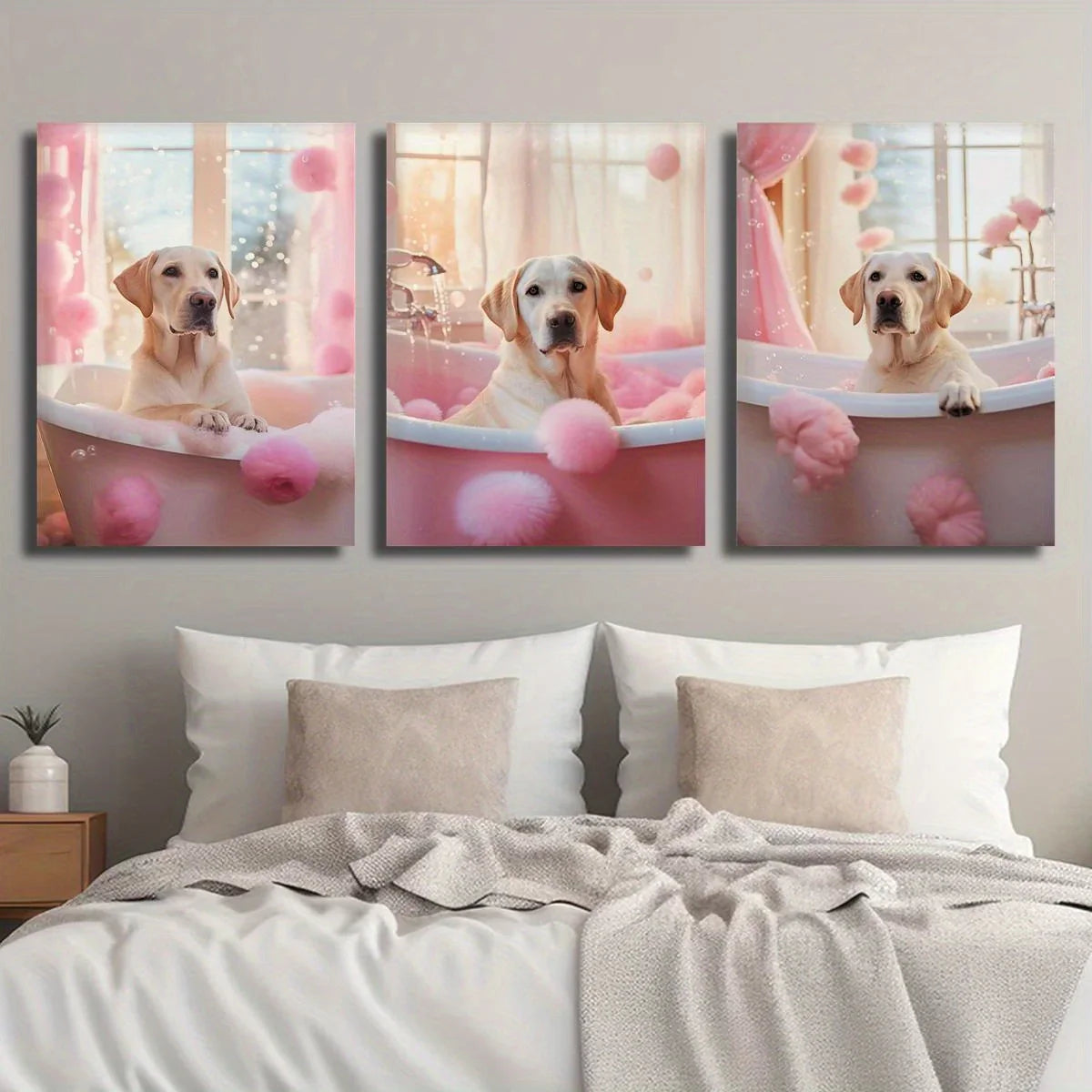 3pcs Labrador in Pink Bubble Bathtub Funny Dog Metal Print Ready to Hang Art