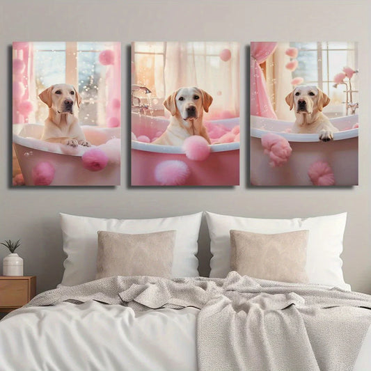 3pcs Labrador in Pink Bubble Bathtub Funny Dog Metal Print Ready to Hang Art