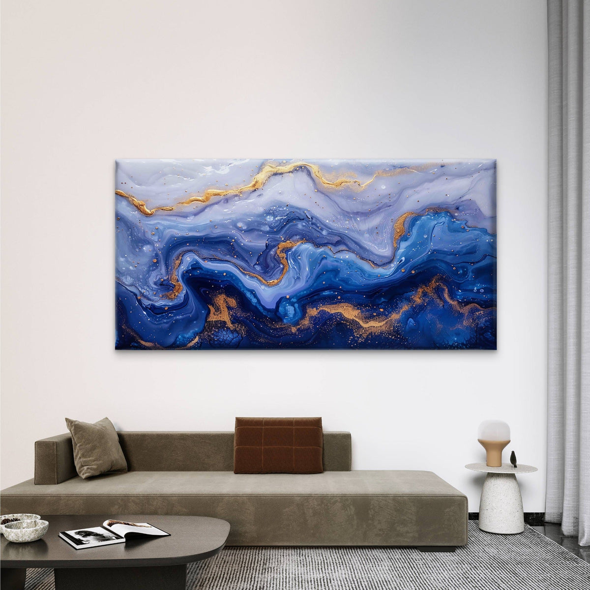 Abstract Blue and Gold Fluid Wall Art Canvas Office Home Room Framed 120x60cm