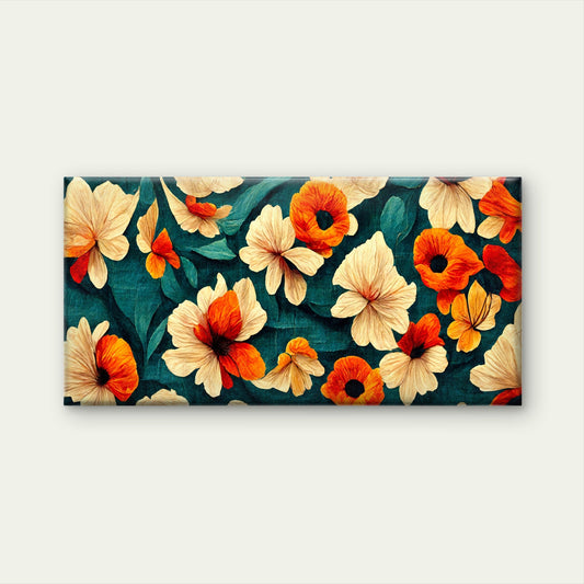 Orange Poppy Floral Teal Wall Art Canvas Office Home Room Framed 80x45cm