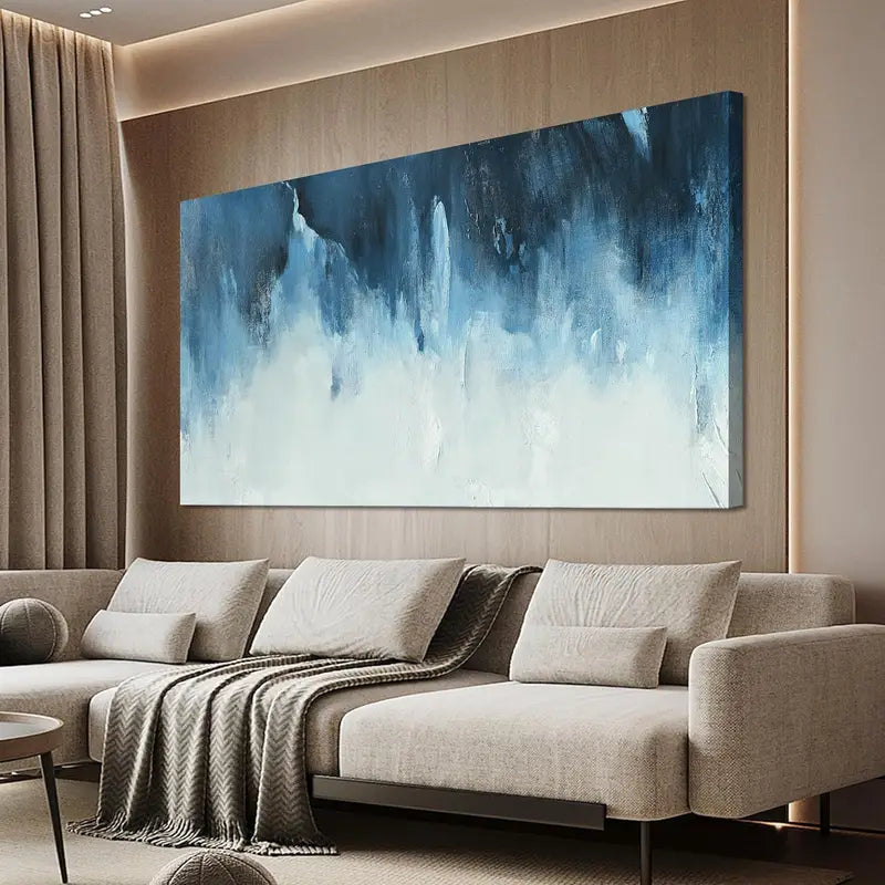 Modern Abstract White & Blue Wall Art canvas office home room framed 120x60cm